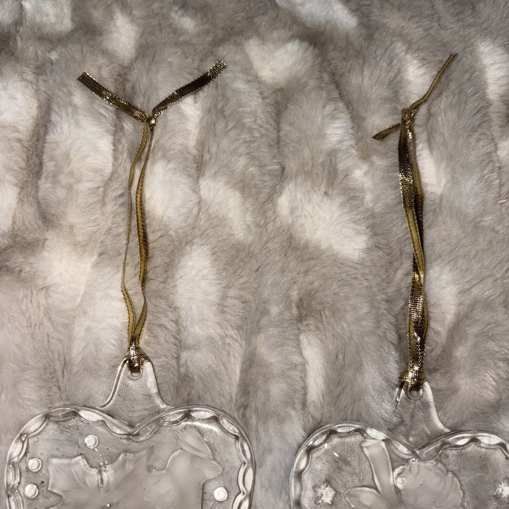 2 Mikasa Crystal Glass Heart Shaped Ornaments Cardinal Angel Cherub Gold Hangers